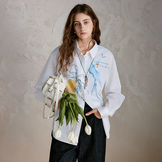 XIRAN (XIRAN) 26th spring style commuter long-sleeved shirt with lyocell print, fresh and artistic loose top, off-white S