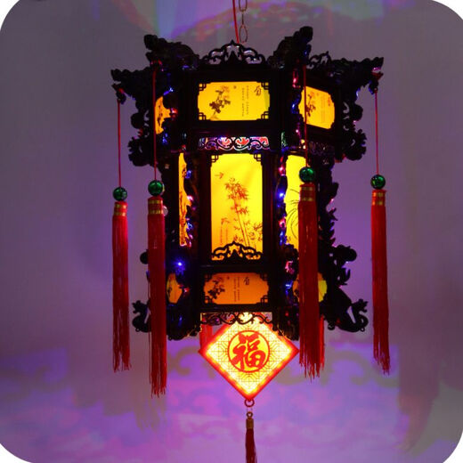 Xushansi Colorful Rotating LED Lanterns Hexagonal Dragon Lanterns Revolving Lanterns New Year's Eve Happy New Year Palace Lanterns Balcony Gate Lanterns Colorful Plum, Orchid, Bamboo and Chrysanthemum Style + Retro Color Lucky Card 40# Height 41CM Two Pack