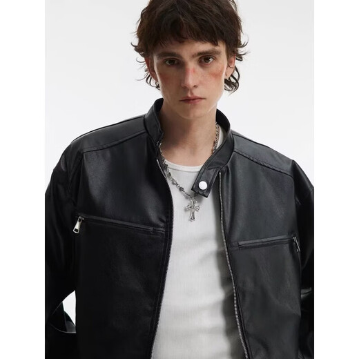 American retro leather jacket for men in spring and autumn, new trendy style, loose high street lapel jacket, black regular L