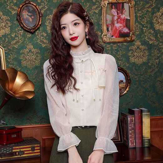 Playboy (PLAYBOY) new Chinese style fungus edge stand collar chiffon shirt for women spring sweet tassel button-down shirt ruffled bell sleeve top official flagship picture color top M 90-100