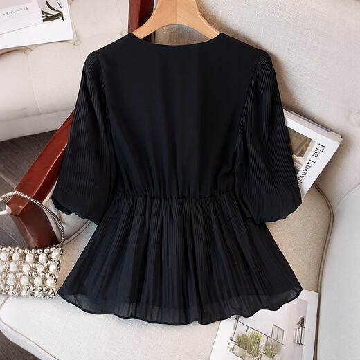 Sibaishe French V-neck waist chiffon shirt for women 2026 spring new style solid color shirt with niche design