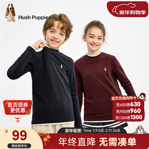 Hush Puppies children's clothing children's long-sleeved T-shirt boys casual and comfortable girls round neck bottoming shirt navy 170