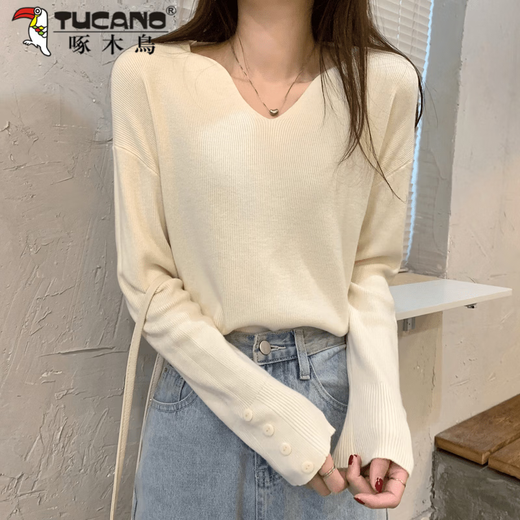 Woodpecker (TUCANO) V-neck sweater for women autumn new 2026 Korean style loose pullover sweater lazy top versatile long-sleeved bottoming shirt Khaki M Recommendation 95-105Jin Jin is equal to 0.5 kg