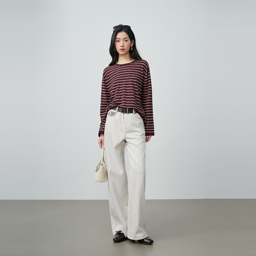 NEELLY shopping mall's same spring style retro striped round neck contrasting color T-shirt for women, simple and casual top, jam color S