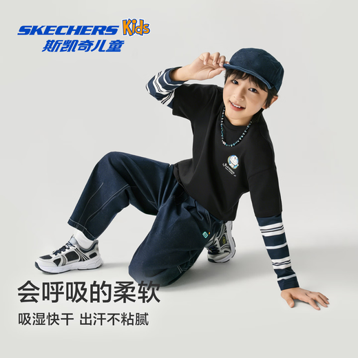 Skechers Doraemon limited design T-shirt children's spring new long-sleeved tops for boys and girls L126K044 carbon black /0018 140