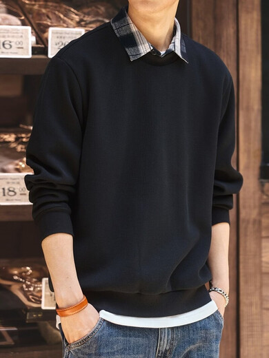 Green Deer high-end textured shirt collar fake two-piece sweatshirt for men in spring and autumn loose casual handsome long-sleeved T-shirt for men black plus velvet M suitable for 110-130Jin Jin is equal to 0.5 kg