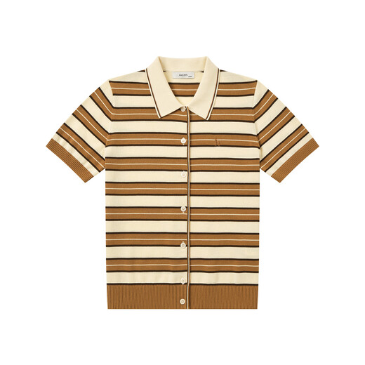 HAZZYS Women's 2026 Summer New Women's Sweater Lapel Contrast Color Striped Short-Sleeved Knitted Cardigan ABYSD1DBD21 Beige BI S (155/80A 36)