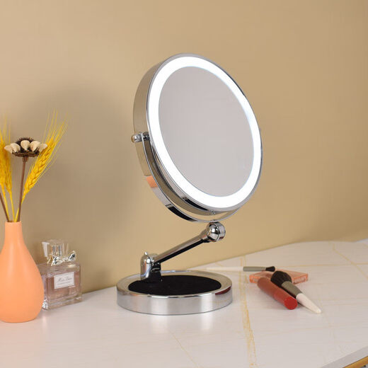 LE RUI JIA LED folding makeup mirror double-sided illuminated desktop smart makeup mirror, magnifying beauty mirror, liftable height, 8 inches, silver, flat surface + 5x magnification, three-tone lighting