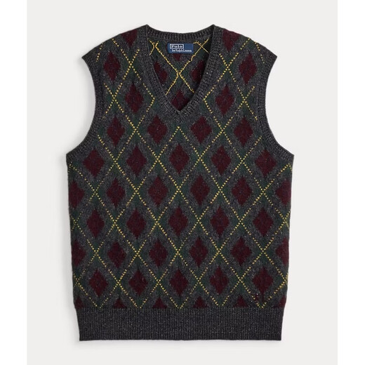 RALPH LAUREN Ralph Lauren international big-name men's vest diamond plaid wool blend sweater vest 2026 autumn and winter warm top gift Charcoal Combo charcoal gray combination S bust 89-94 cm