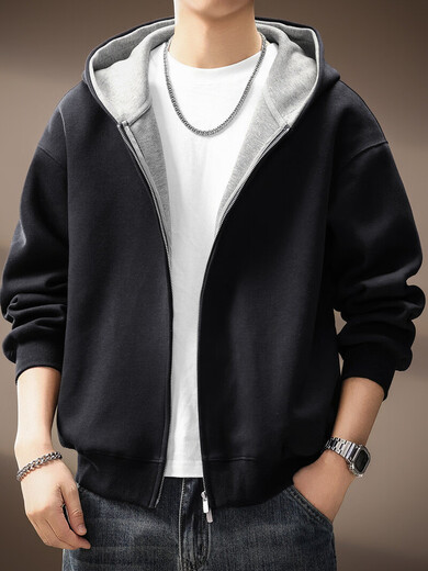 Noble color high-end American heavy cardigan hooded sweatshirt for men spring and autumn new loose versatile coat casual top jacket black L suitable for 130-150Jin Jin equals 0.5 kg