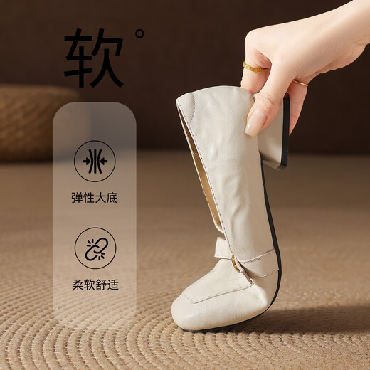 ZHR is the first-layer sheep leather loafers for women with thick heels, square toe work shoes, single shoes, EH317, beige 37