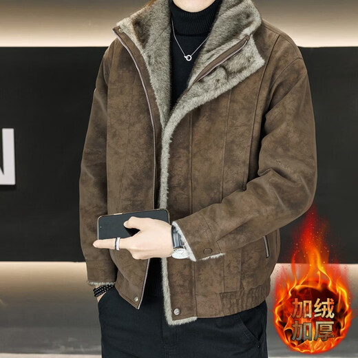 New mountain carving fur all-in-one leather jacket for men in winter, thickened and warm, trendy, versatile, windproof and handsome top, black L