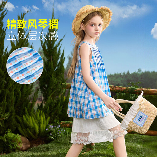 ASK JUNIOR children's clothing children's skirt summer dress girls plaid contrast lace splicing dress sundress plaid