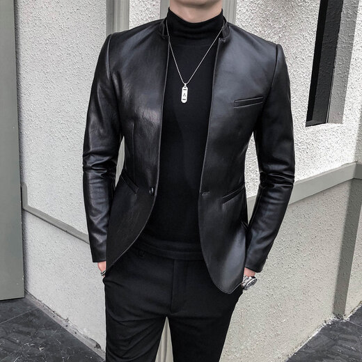 SEPTWOLVES small suit men's spring and autumn slim handsome leather jacket suit casual winter velvet stand collar leather jacket men's black 166 regular M 90-100Jin Jin equals 0.5 kg