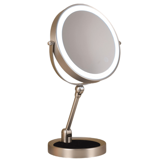 LE RUI JIA LED folding makeup mirror double-sided illuminated desktop smart makeup mirror, magnifying beauty mirror, liftable height, 8 inches, silver, flat surface + 5x magnification, three-tone lighting