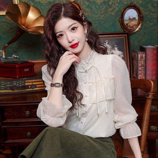Playboy (PLAYBOY) new Chinese style fungus edge stand collar chiffon shirt for women spring sweet tassel button-down shirt ruffled bell sleeve top official flagship picture color top M 90-100