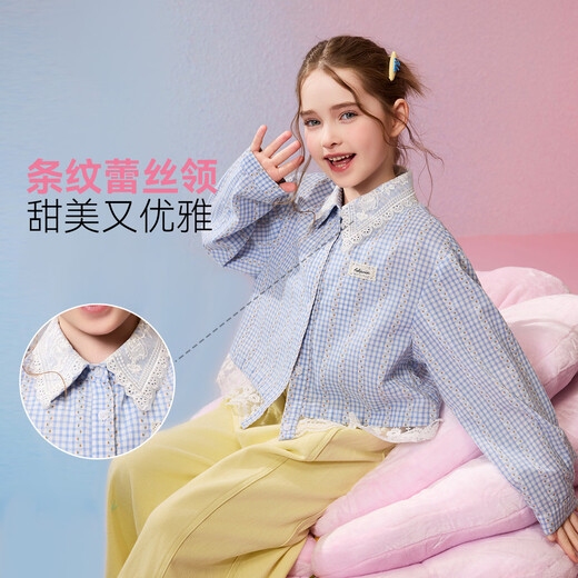 ASK JUNIOR children's shirt 2026 spring new arrival medium and large children's lace splicing plaid long-sleeved jacket girls fashion tops blue and white plaid 140