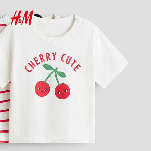 H&M 2026 spring new children's clothing baby girl three-piece cotton T-shirt 1320130 white/Cherry cute 90 90/48 (12-18M)