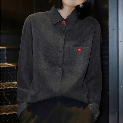 Suding original brand women's clothing 2026 early spring new style interior with artistic lapel love brushed thickened shirt Gray M
