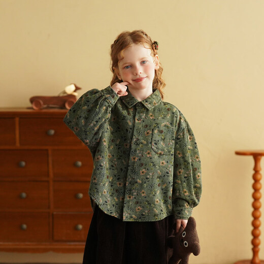 Yantaijia Girls' Shirt Forest Retro 2026 Spring and Autumn New Children's Full Print Western Style Long Sleeve Shirt Jacket Green Flower 100