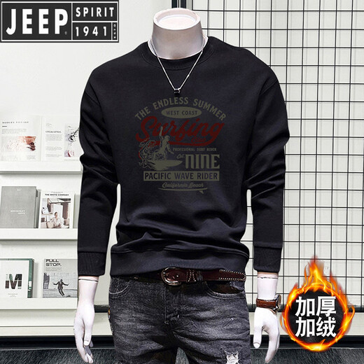 JEEP SPIRIT Jeep sweatshirt men's new autumn jacket men's long-sleeved round neck fashion printed velvet bottoming shirt versatile black Wei 5267 velvet 2XL recommended 145-160Jin Jin equals 0.5 kg