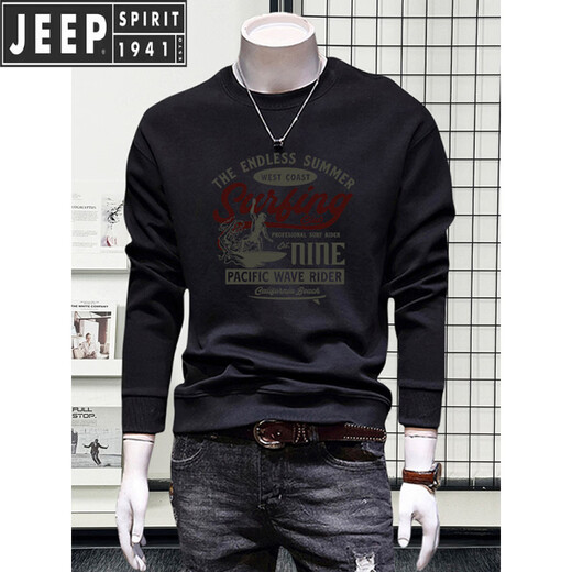 JEEP SPIRIT Jeep sweatshirt men's new autumn jacket men's long-sleeved round neck fashion printed velvet bottoming shirt versatile black Wei 5267 velvet 2XL recommended 145-160Jin Jin equals 0.5 kg