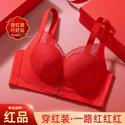 Cat Man (MiiOW) Red Zodiac Year Underwear Set Women's Small Breast Makes Bigger, Gathers Secondary Breasts, Anti-Sagging Bridal Wedding Lace Bra Like Flowers Bra + Panties + Socks + Gift Box Big Breasts Make Smaller/Paper Cup M 34/75BC