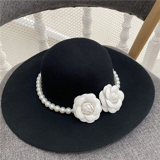 Shijanu French retro Hepburn style black bridal hat with pearl flowers, elegant British style, model basic style (suede), diameter 40cm S (54-58cm)
