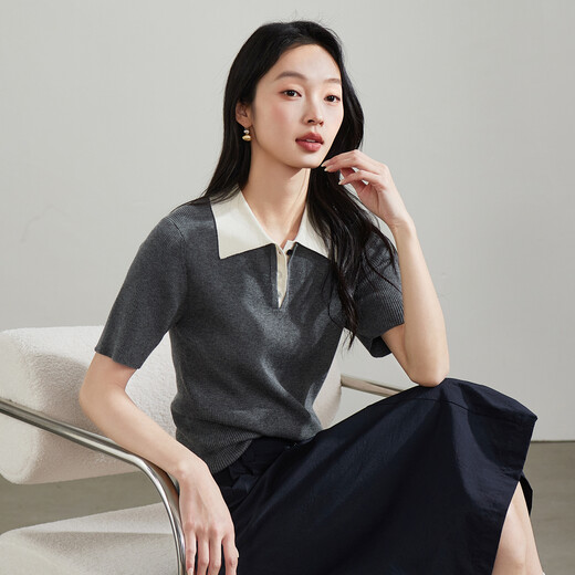 SOFSIL 2026 Spring New Contrast Color Simple POLO Collar Sweater Women's Short Sleeve Versatile Slim Solid Color Lapel Top