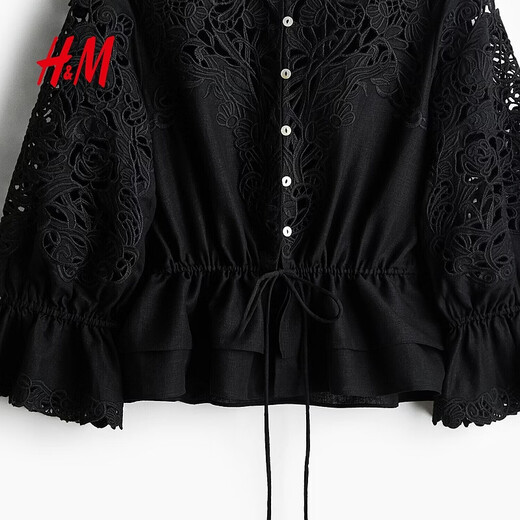 H&M2026 Spring New Women's Linen Blended English Embroidered Shirt 1330878 Black XS 155/80