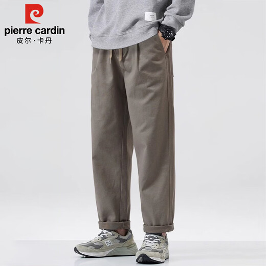 Pierre Cardin casual pants men's spring fashion brand loose American overalls men's pure cotton wide-leg long pants camel gray M