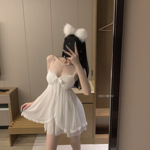 Langsha sexy pajamas for women summer new fairy style lace suspenders mesh nightgown robe with chest pad home two-piece suit black outer robe M 80-110Jin Jin is equal to 0.5 kg