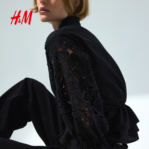 H&M2026 Spring New Women's Linen Blended English Embroidered Shirt 1330878 Black XS 155/80