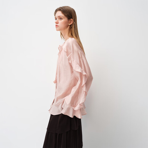 Fan Silan's spring light and elegant date ruffled lace-up loose shirt for women 2026 spring new long-sleeved top smoke pink M