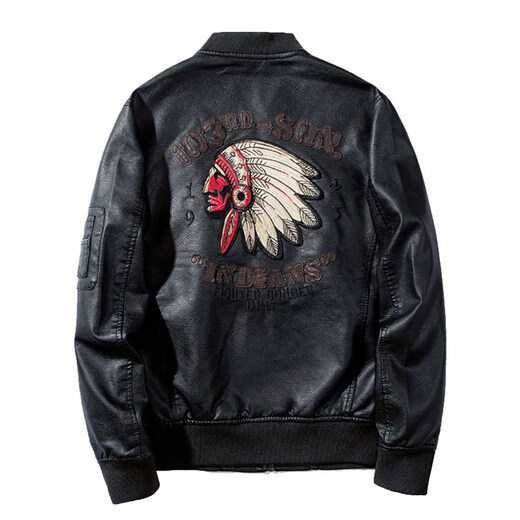 JNJKQA Indian embroidery men's leather jacket plus velvet thickened handsome leather jacket men's motorcycle suit pilot trendy jacket 2035 black_baseball collar plus velvet M_recommended 90-105Jin Jin equals 0.5 kg