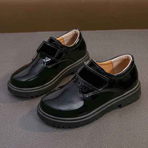 Zhunwu boys' leather shoes black children's campus small leather shoes soft sole performance shoes new performance little boy British student black Velcro style 36 size inner length 22cm