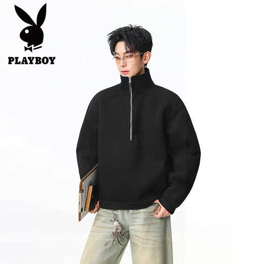 Playboy (PLAYBOY) American high street spring and autumn new heavyweight round neck sweatshirts for men and women, handsome loose pullover tops, couple jackets for men, black XL