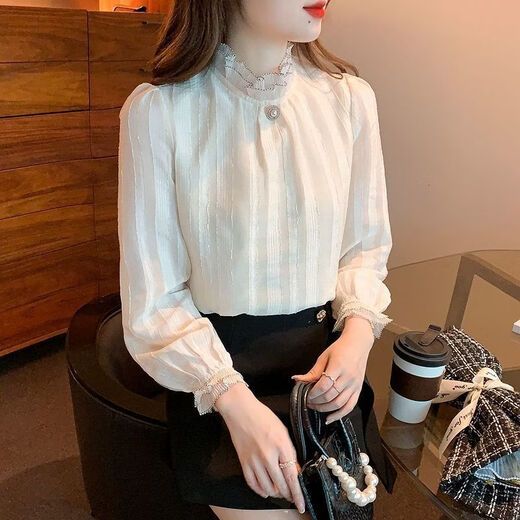 Playboy (PLAYBOY) lace chiffon shirt for women spring new fashion style fungus edge stand-up collar long-sleeved T-shirt temperament versatile outer top thin official flagship apricot color XL recommended 120-135 Jin Jin equals 0.5 kg