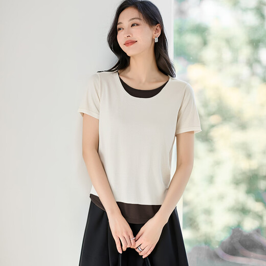 Handu Yishe fake two-piece knitted sweater for women 2026 spring and summer fashion simple color matching to reduce age and slim down versatile short-sleeved top