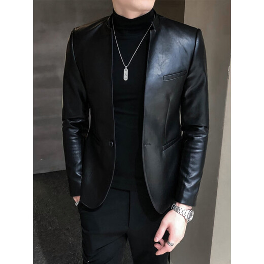 SEPTWOLVES small suit men's spring and autumn slim handsome leather jacket suit casual winter velvet stand collar leather jacket men's black 166 regular M 90-100Jin Jin equals 0.5 kg