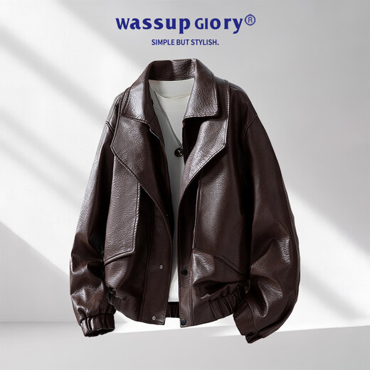 JNJKQAWASSUP GLORY Maillard retro motorcycle leather jacket men's spring and autumn handsome fake two-piece lapel jacket 05 brown M _built 115Jin Jin is equal to within 0.5 kg