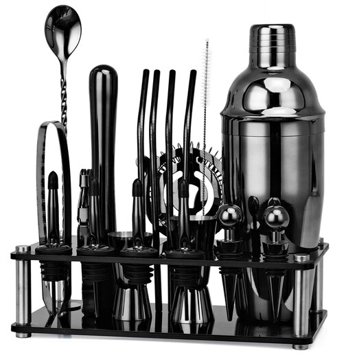 Shijanu novice entry-level cocktail shaker set bar KTV shaker shaker 20-piece set wine measuring cup 750ml piano black 20-piece set_Piano Black