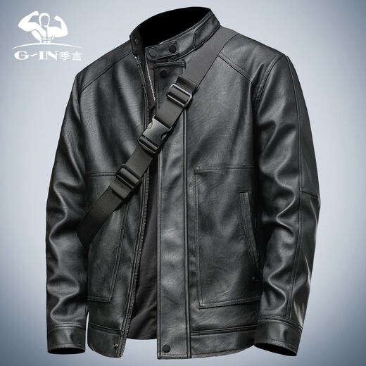 Ji Yan Leather Jacket 2026 New This Year's Popular Spring and Autumn New Stand Collar Jacket Men's Trendy Handsome Top Black M (Suitable for 110-125 Jin Jin is equal to 0.5 kg)