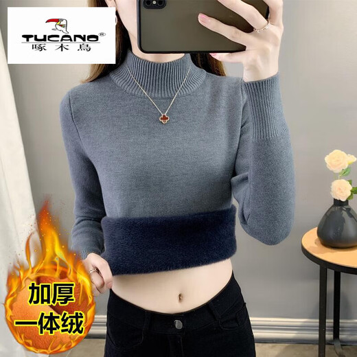 Woodpecker half turtleneck plus velvet sweater for women thickened one-piece velvet slim fit autumn and winter super thick mid-collar warm knitted bottoming sweater official flagship dark gray S 85-95Jin Jin is equal to 0.5 kg