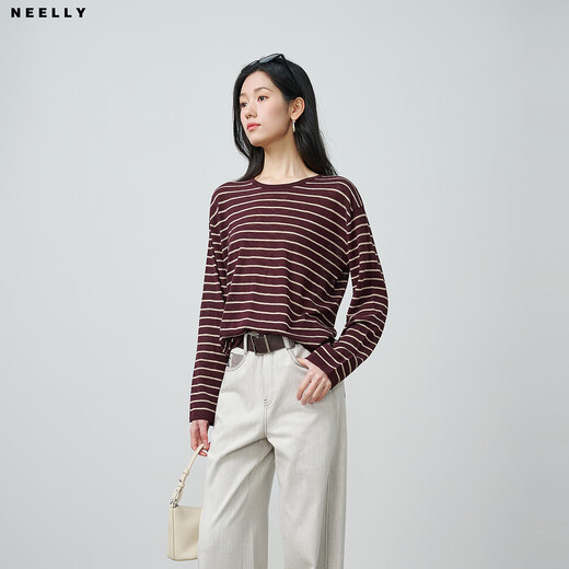 NEELLY shopping mall's same spring style retro striped round neck contrasting color T-shirt for women, simple and casual top, jam color S
