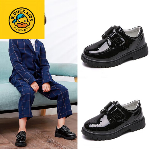 G.duck Little Yellow Duck Primary School Children's Leather Shoes Boys Black White Leather Shoes Performance Shoes for Students and Older Children Performance 302 Black <Added Velvet> One Size Small Size 32/Inner Length 19.8CM