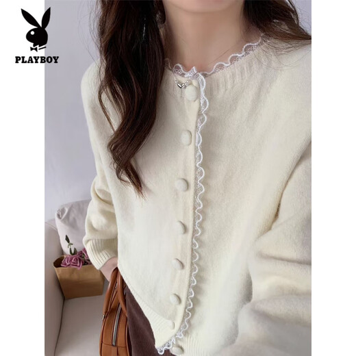花花公子(PLAYBOY)法式春秋冬蕾丝花边时尚单排扣温柔风宽松甜美针织毛衣开衫外套女 浅黄色 S 建议70-95Jin Jin等于0.5千克