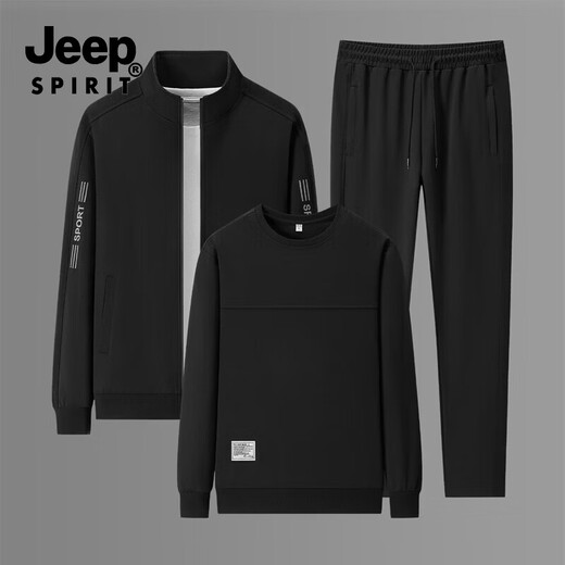 JEEP SPIRIT Sports Suit Men's Autumn and Winter Casual Suit Men's Outdoor Large Size Men's Sweater Pants Three-piece Set Black Three-piece Set XL