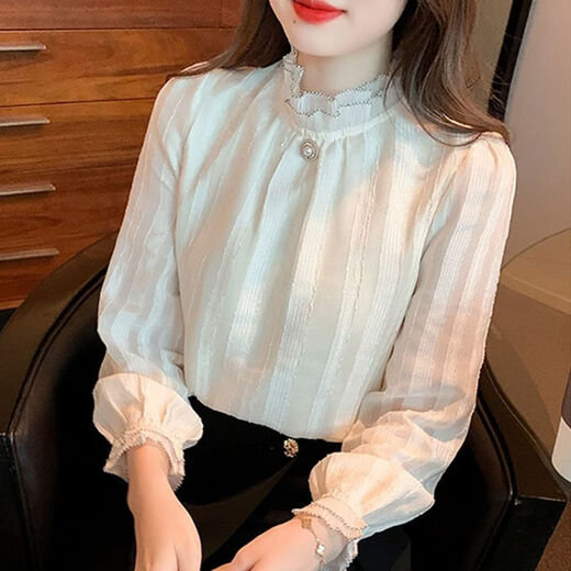 Playboy (PLAYBOY) lace chiffon shirt for women spring new fashion style fungus edge stand-up collar long-sleeved T-shirt temperament versatile outer top thin official flagship apricot color XL recommended 120-135 Jin Jin equals 0.5 kg