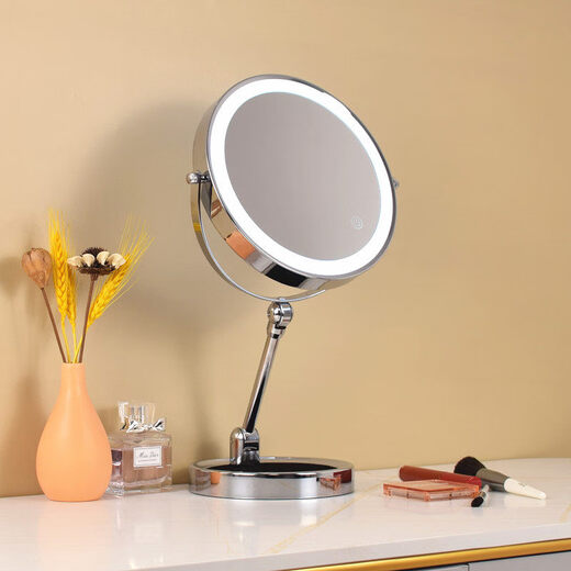 LE RUI JIA LED folding makeup mirror double-sided illuminated desktop smart makeup mirror, magnifying beauty mirror, liftable height, 8 inches, silver, flat surface + 5x magnification, three-tone lighting